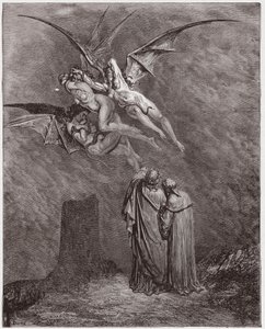 神曲』（La Divina Commedia, La Divine Comedie）『インフェルノ』第9カンスト：醜悪なエリニエスたち。ダンテ・アリギエリ（1265-1321）作 - ギュスターヴ・ドーレ（1832-1883）画 作： Gustave Dore