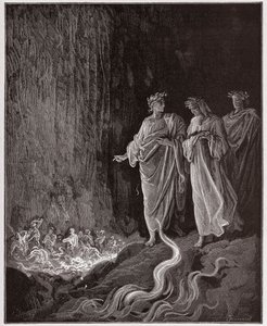 ダンテ・アリギエーリ（1265-1321）作「神曲」第25番「プルガトリオ」、第7の円環の詩人たち、ギュスターヴ・ドーア（1832-1883）絵。 作： Gustave Dore