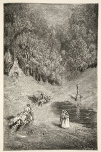 アーサー王とペリノールの出会い、チャールズヘンリーハンソン著アーサー王の日々の物語、1898年 作： Gustave Dore