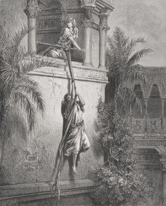 窓からのダビデの脱出、ドアの「聖書」のイラスト、1866 作： Gustave Dore