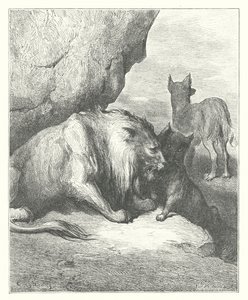 ラ・フォンテーヌの寓話：ライオン、オオカミ、キツネ（エングレーヴィング） 作： Gustave Dore