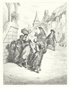 ラ・フォンテーヌの寓話：ミラーとその息子と驢馬（エングレーヴィング） 作： Gustave Dore