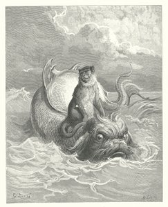 ラ・フォンテーヌの寓話猿とイルカ（エングレーヴィング） 作： Gustave Dore