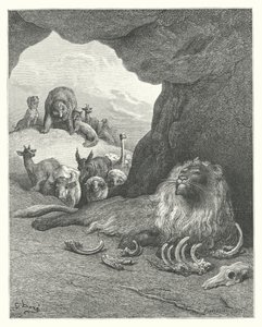 ラ・フォンテーヌの寓話：病気のライオンとキツネ（エングレーヴィング） 作： Gustave Dore
