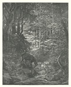 ラ・フォンテーヌの寓話流れに身をまかせる鹿（エングレーヴィング） 作： Gustave Dore