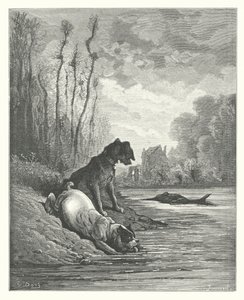 ラ・フォンテーヌの寓話：二匹の犬と死んだ驢馬（エングレーヴィング） 作： Gustave Dore