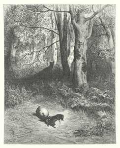 ラ・フォンテーヌの寓話：二匹のネズミとキツネと卵（エングレーヴィング） 作： Gustave Dore