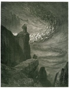 ギュスターヴ・ドーアが挿絵を描いたダンテ・アリギエーリの地獄（神曲）。1861年のフランス版。「La bufera infernal, che mai non resta/Mena gli spirti con la rapina.(決して止むことのない地獄のハリケーンは、霊魂をその渦に引き込む）"、 作： Gustave Dore