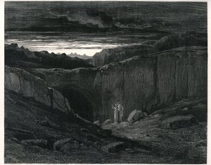 ギュスターヴ・ドーアが挿絵を描いたダンテ・アリギエーリの地獄（神曲）。1861年のフランス版。地獄の入り口でのダンテとバージル："Lasciate ogni speranza, voi che 