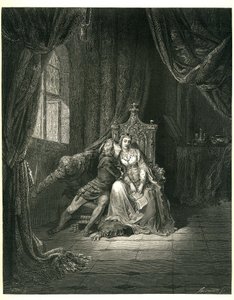 ダンテ・アリギエーリの地獄（神曲）ギュスターヴ・ドーレの挿絵。1861年のフランス版。フランチェスカ・ダ・リミニとその恋人：「Quel giorno piu non vi leggemo avante.(この日、私たちはそれ以上読まない）」、聖歌5. 作： Gustave Dore