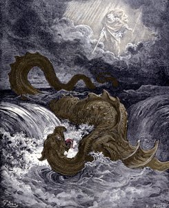 聖書に登場する海蛇に似た海の怪物「リヴァイアサン」。ギュスターヴ・ドーアによる聖書の挿絵。19世紀のエングレーヴィング。 作： Gustave Dore