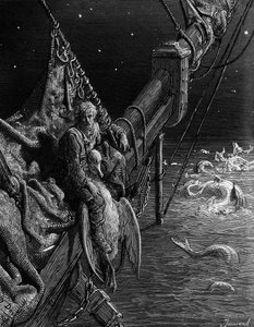 マリナーは海の蛇をじっと見つめている、STコールリッジの「古代マリナーの霧氷」のシーン、ハーパーウントブラザーズ、ニューヨーク、1876年（木材彫刻） 作： Gustave Dore