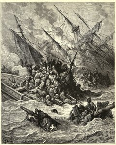 「レパントの海戦" 1571年、ギリシャ沖でスペイン、ヴェネツィア同盟とローマ教皇軍がオスマン帝国に仕掛けた海戦。ジョゼフ・フランソワ・ミショー著『十字軍の歴史』よりギュスターヴ・ドーレ（1832-1883）のエングレーヴィング。 作： Gustave Dore