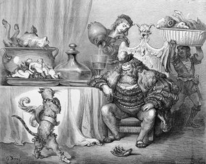 鬼が猫を受け取る、チャールズ・ペロー（1628-1703）1883年の「ブーツの小娘」のイラスト 作： Gustave Dore