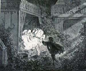 魅惑の城のプリンセスの寝室にやって来る王子、チャールズペローの「眠れる森の美女」のイラスト（1628-1703） 作： Gustave Dore