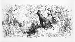 「狼と羊」、ジャン・デ・ラ・フォンテーヌ作「寓話」（1621〜95年）、1868年のイラスト 作： Gustave Dore