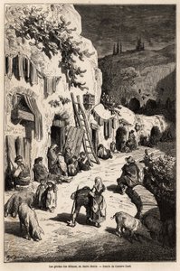 グラナダのサクロモンテにあるジプシーの洞窟（地下の家）。Gustave Dore (1832-1883)が1862年にCh.Davillierを伴ってスペインを訪れた際に描いたもの。エドゥアール・シャルトン編集の「世界旅行」に掲載されている図版