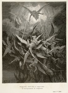 天使の堕落」（ジョン・ミルトン（1608-1674）作『失楽園』の一場面）、ギュスターヴ・ドーア（1832-1883）による挿絵 作： Gustave Dore
