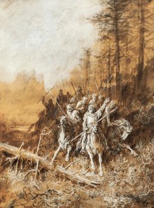 アルバート・テニスン（1809-1892）の連作詩「王のイディル」の挿絵「騎士の行進」、ギュスターヴ・ドーア（1832-1883）の水彩画 作： Gustave Dore