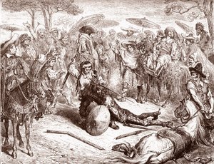 トレドの商人は、ミゲル・デ・セルバンテス（1547-1616）による「The Ingenieux Hidalgo Don Quixote Quixote」のために、ミュールドライバーの1人がギュスターブ・ドレ（1832-1883）によるドン・キホーテの彫刻を打ち負かすのを見守っています.1863年個人蔵 作： Gustave Dore