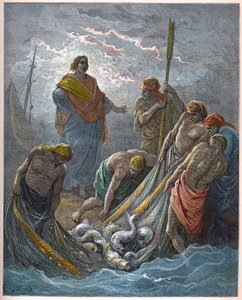 奇跡の魚群 - 奇跡の釣り - - Gustave Dore (1832-1883) による "The Bible illustree" のエングレービング - "The Dore Bible" のエングレービング