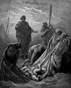魚の奇跡的なドラフト、1866 作： Gustave Dore