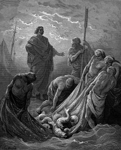 奇跡的な魚の引き上げルカ5:6：5:6.ギュスターヴ・ドーレの図解聖書1865より 作： Gustave Dore