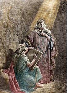 バルークに予言を口述する預言者エレミア - Gustave Dore (1832-1883)の聖書からのPannemackerによる彩色彫刻 - エレミア（紀元前650-585）、ヘブライ語の預言者。バルークに自分の予言を口述するエレミヤ。パンネマッカーによるエングレーヴィング、The Bibl 作： Gustave Dore