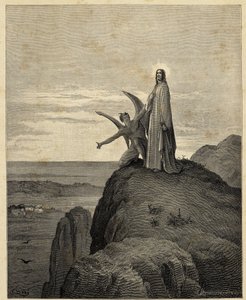 「キリストの誘惑」砂漠に導かれたイエスは悪魔に誘惑される。ギュスターヴ・ドーレ（1832-1883）による聖書のための挿絵。1866 作： Gustave Dore