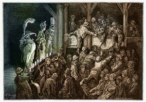 劇場：演劇上演中の観客。ギュスターヴ・ドーレ（1832-1883）が挿絵を描いた『ロンドン、巡礼の旅』のカラフルなエングレーヴィング。 作： Gustave Dore