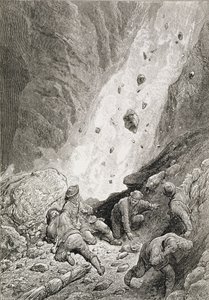 エドワード・ウィンパー（1840〜1911年）による「マッターホルンの登頂」から1860〜80年代に出版された「岩、岩、石の塊、ダートラウンドコーナー」 作： Gustave Dore