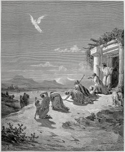 トビアスの家族は、天使ラファエルが姿を消すのを見る 作： Gustave Dore
