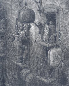 ロンドン市内の倉庫。ギュスターヴ・ドーレとブランシャール・ジェロルド・ロンドンより：ロンドン巡礼 1872年 作： Gustave Dore