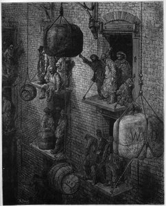 市街地の倉庫-ウィリアム・ブランチャード・ジェロルド（1826-94）著「ロンドン、巡礼」より-ギュスターヴ・ドーアの挿絵-1872年-。 作： Gustave Dore