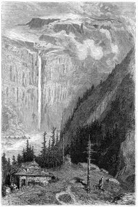 宿から見たシルク・ド・ガヴァルニーの滝：イポリット・テーヌ著『Voyage aux Pyrenees』（アシェット社、1860年）の挿絵を描いたギュスターヴ・ドーアの版画。 作： Gustave Dore