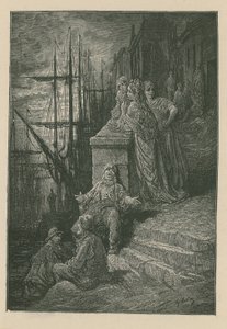 テムズ川沿いの階段を上ったウォーターマンの家族 作： Gustave Dore