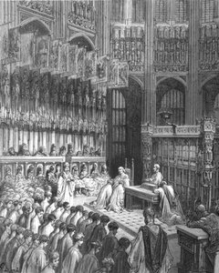 「ウェストミンスター寺院 - ウェストミンスター ボーイズの確認」、1872 年。 作： Gustave Dore