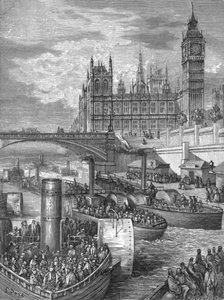 「ウェストミンスターの階段 - 出発する汽船」、1872 年。 作： Gustave Dore