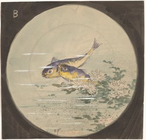 睡蓮の近くに 2 匹の青黄色の魚が描かれたお皿のデザイン 作： Gustave Fraipont (signed by artist)
