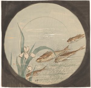 白い菖蒲に対して 4 匹の茶色の魚が泳いでいるプレートのデザイン 作： Gustave Fraipont (signed by artist)
