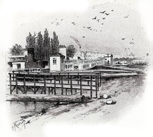 パリのセーヌ川にある水上バス (通勤船) の修理工場 ギュスターヴ・フライポン (1849-1923) によるドローイングは、サン＝ジャッジの「La seine a travers Paris」からのドローイング 作： Gustave Fraipont