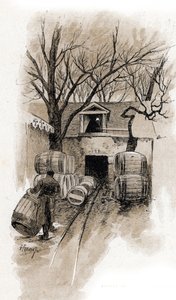 パリ、ベルシーの倉庫の地下室の入り口 ギュスターヴ・フライポン (1849-1923) によるドローイングは、サン・ジュワールの「La seine a travers Paris」からのドローイングです。 作： Gustave Fraipont