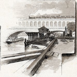 Le viaduct du point du Jour, Boulogne-Billancourt (ブローニュ ビヤンクール、ポワン デュ ジュール地区の高架橋の眺め) ギュスターヴ フライポン (1849-1923) によるサン ジュワールの絵 作： Gustave Fraipont