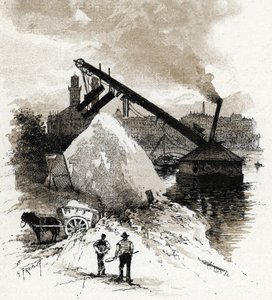 パリ、アルマ橋近くのセーヌ川岸で砂を選別する作業員 ギュスターヴ・フライポン (1849-1923) が描いた絵は、サン ジュールの「La seine a travers Paris」から描いたものです。 作： Gustave Fraipont