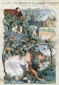キツネとブドウの話ジャン・ド・ラ・フォンテーヌ（1621-95）の寓話で、ギュスターヴ・フライポン（1849-1923）の挿絵。個人蔵。 作： Gustave Fraipont