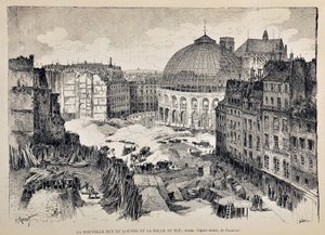 1887年、パリの新しいルーヴル通りとハレ・オ・ブレ。Gustave Fraipont (1849 - 1923)のイラスト。週刊パリ・イラスト・ジャーナル」に掲載された1887年の版画。
