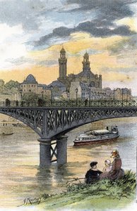 パリのパッシー (現在のビル アケイム橋) の歩道橋の眺め ギュスターヴ フライポン (1849-1923) がサン ジュワールから描いた絵