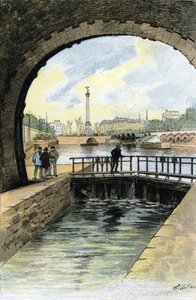 パリのサン・マルタン運河の閘門の眺め ギュスターヴ・フライポン (1849-1923) が描いたもので、サン・ジュール作「La seine a travers Paris」より 作： Gustave Fraipont