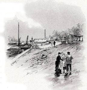 Vista das margens do rio Sena e quai Saint-Bernard, Paris Desenho de Gustave Fraipont (1849-1923) baseado em “La seine a travers Paris” de Saint-Juirs 作： Gustave Fraipont