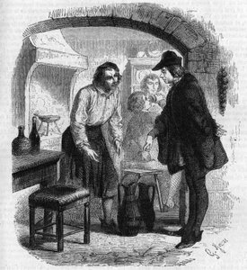 詩人フランソワ・ヴィヨン（1431-1463）がワインのボトルを辿る様子。ギュスターヴ・ジャネによるエングレーヴィング
